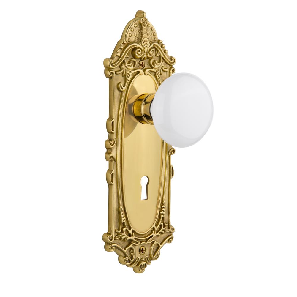 Nostalgic Warehouse VICWHI Double Dummy Victorian Plate with White Porcelain Knob and Keyhole in Polished Brass